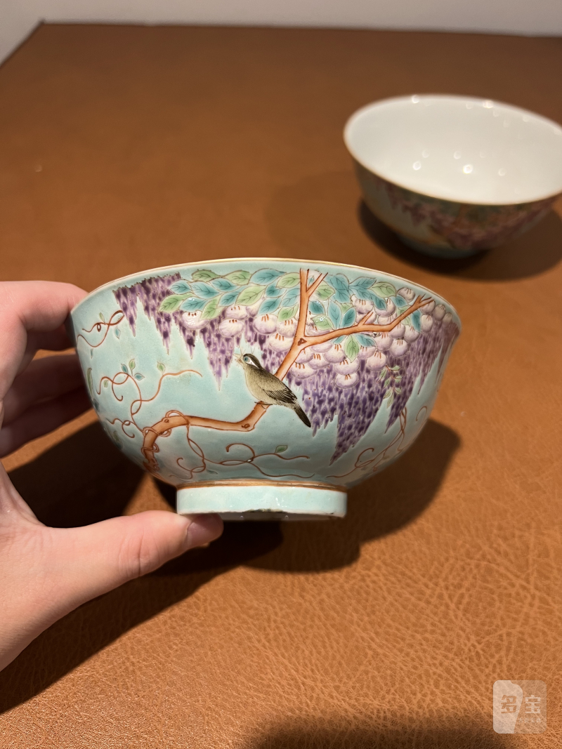清光绪 松石绿地粉彩紫藤花鸟纹碗（一对） - 图6